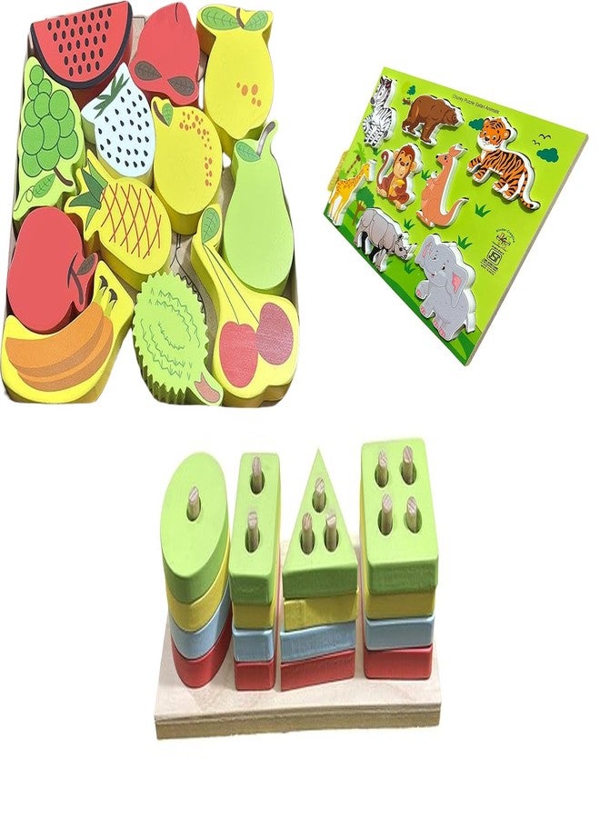 Kinder Creative 3D Fruits Stacking Puzzle, Chunky Stacking Wild Animals Puzzle,Geometrical Column Blocks for Toddlers, Educational Puzzle and Toys for Kids Pack of 3 - Image 1